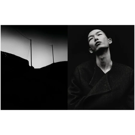 Monochrome diptych: A model in a coat looks upward on the right, juxtaposed with a stark landscape scene on the left.