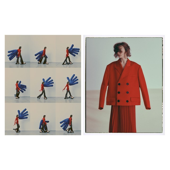 Fashion editorial featuring a person in a red suit alongside an image collage of a person carrying a large blue hand prop.