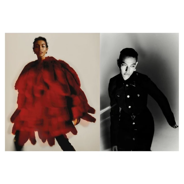 Two split-screen portraits. A model wears a red feathered coat, and another wears a black buttoned dress. Fashion editorial photography.
