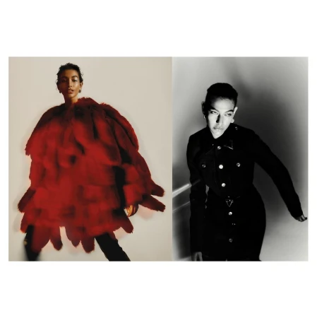 Two split-screen portraits. A model wears a red feathered coat, and another wears a black buttoned dress. Fashion editorial photography.