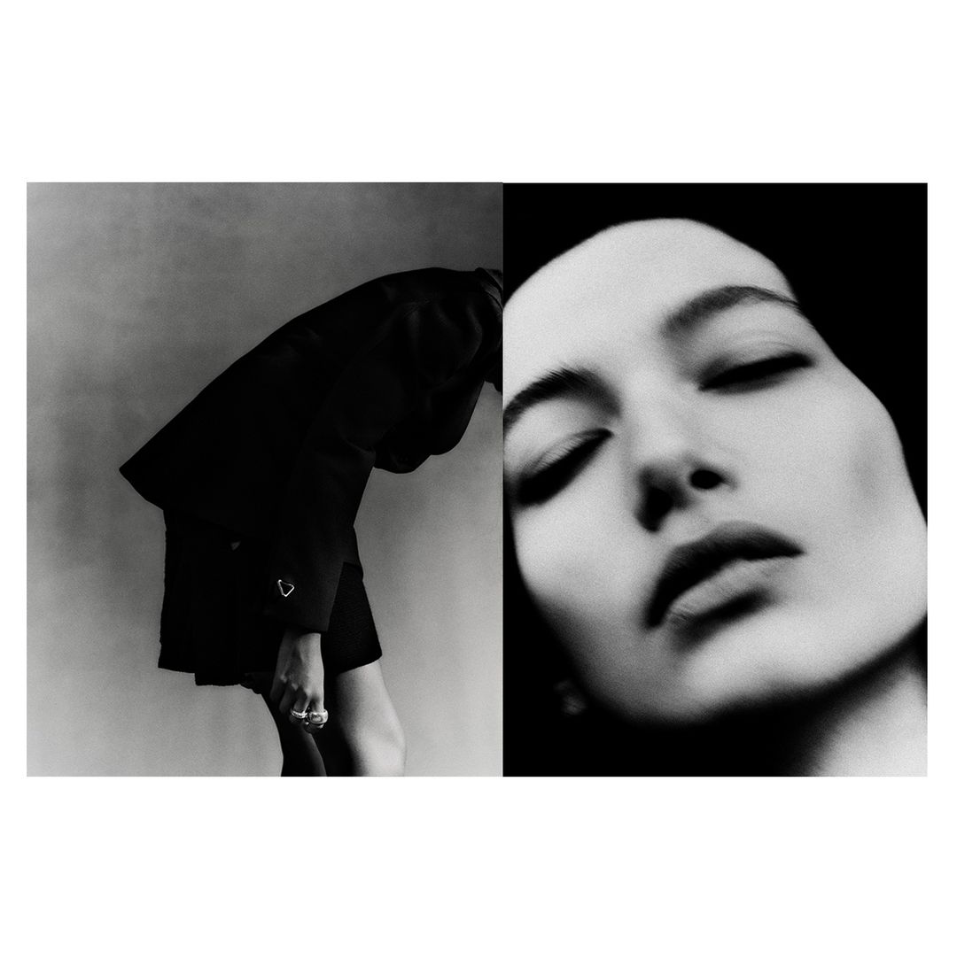 Monochrome diptych showing a person leaning forward in a dark outfit and a close-up portrait of closed eyes.