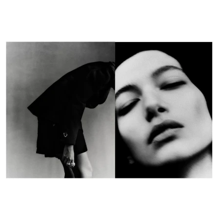 Monochrome diptych showing a person leaning forward in a dark outfit and a close-up portrait of closed eyes.