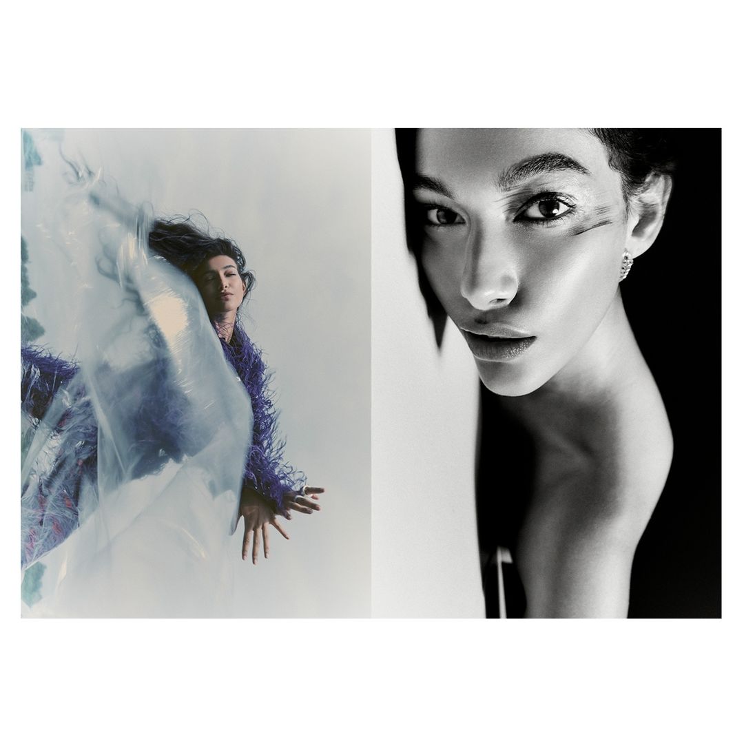 Artistic beauty shot in black and white and color, featuring a woman with dramatic makeup and unique fashion in a white background.