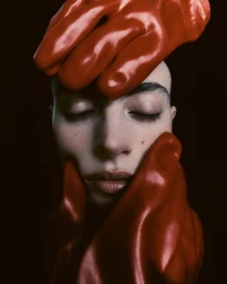 Close-up portrait of a person with closed eyes framed by glossy red gloves covering the forehead and cheeks against a dark background
