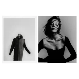 Black and white editorial diptych featuring a person wearing a structured coat and a close-up portrait of a woman with closed eyes.
