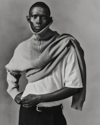 Black man wearing a high-neck zippered sweater draped over his shoulder with a white t-shirt against a plain grey studio backdrop.
