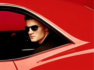 Man wearing sunglasses looking out from inside a bright red car window