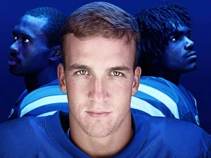 Quarterback Peyton Manning in a blue jersey flanked by teammates Marvin Harrison and Edgerrin James on a blue background.