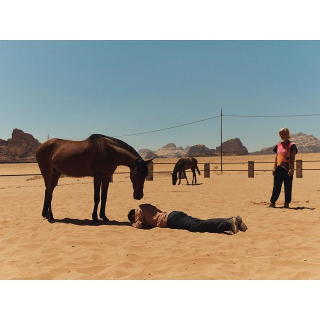 A brown horse stands over a man lying on the ground in a desert landscape, with a woman standing nearby and another horse in the background.