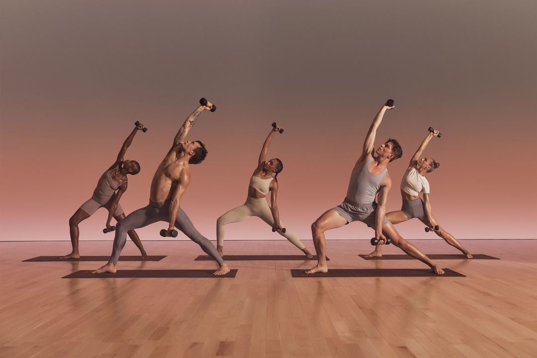 A group of five diverse adults are in a yoga studio, balancing in matching sportswear while holding dumbbells, with a clean backdrop.