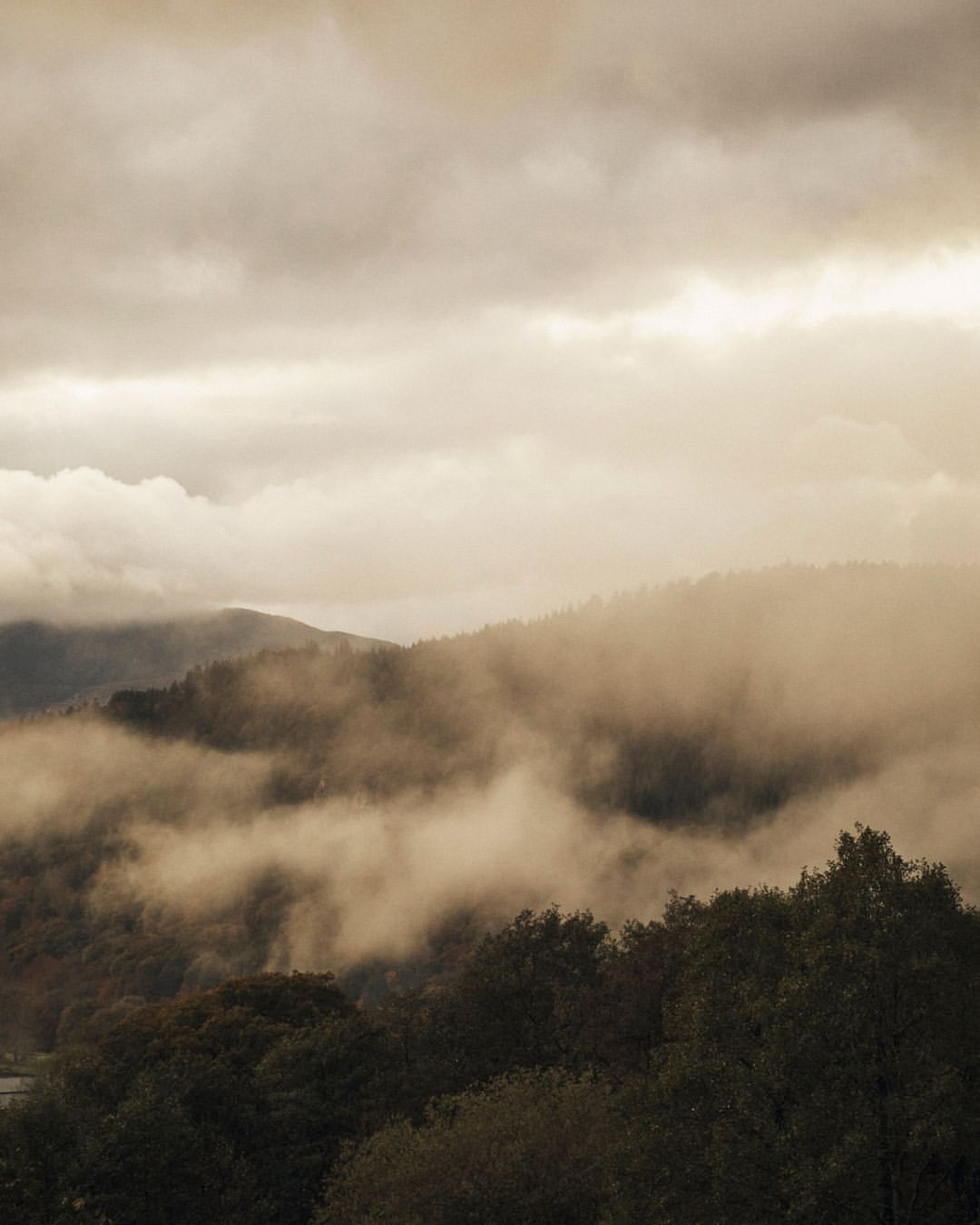 Landscape view featuring fog-covered mountains with dark green trees, showcasing a cloudy sky and a scenic natural environment.