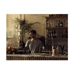 A bartender in a gray t-shirt standing behind a bar counter with shelves of liquor bottles and a potted plant in London.