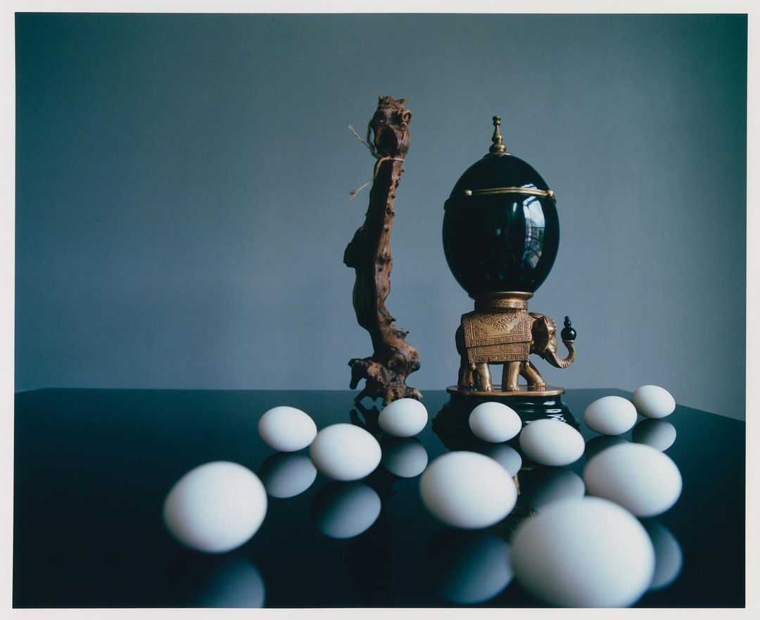 Still life photograph of a dark decorative egg next to a dried branch and surrounded by white eggs on a dark reflective surface.