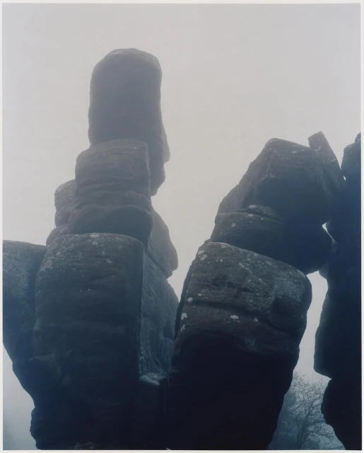 Dramatic rock formations rise through dense fog, creating a mysterious, imposing natural landscape with a muted color palette.