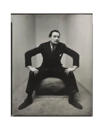 Portrait of Salvador Dali seated with arms akimbo in a dark suit against a plain corner background by David Abrahams