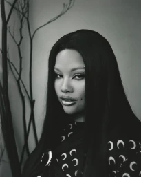 Portrait of a woman with long dark hair wearing a patterned top by David Abrahams in London