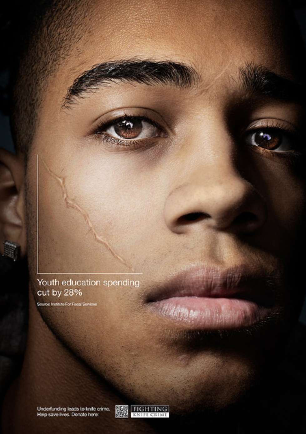 Close up of a young adult male's face with visible scars, conveying a somber mood, next to text advocating for youth education spending.
