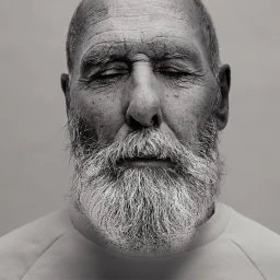 Close-up portrait of an elderly man with closed eyes and a full grey beard, photographed by David Boni.