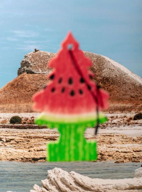 Whimsical watermelon-shaped car air freshener against a backdrop of mountains and water, creating a playful, summery scene.