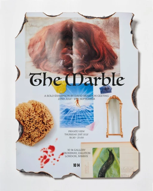 Burnt-edge gallery poster features collage of fine art prints, gemstones, and a sea sponge against white, studio lighting. 