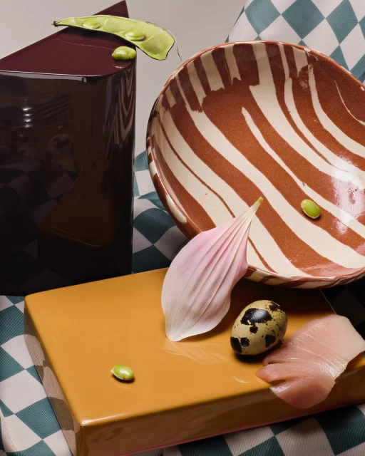 Still life composition featuring a brown ceramic vase, striped bowl, tan platform, with a flower petal, speckled quail egg and green beans.