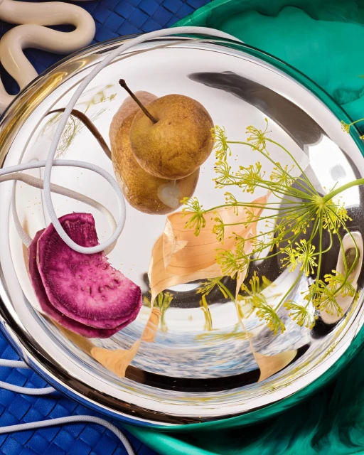 Overhead shot of a pear, onion, beetroot and flower on a reflective plate, set against a backdrop of blue and green cloth.