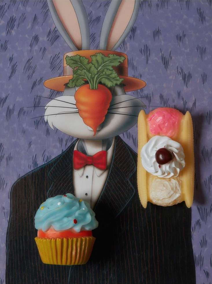 Cartoon rabbit in a suit with desserts, including a carrot in place of an eye, a cupcake, and a pastry, against a lavender background.