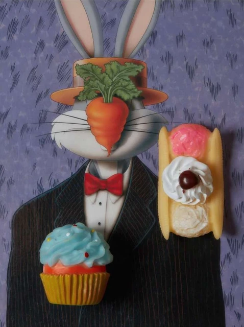 Cartoon rabbit in a suit with desserts, including a carrot in place of an eye, a cupcake, and a pastry, against a lavender background.
