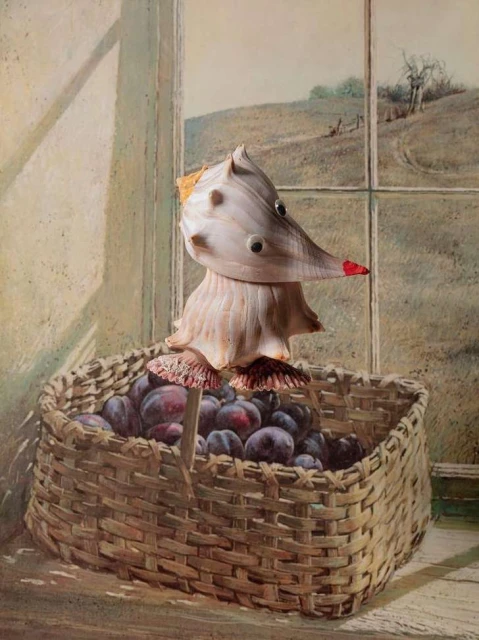 Still life art features a woven basket full of plums with a whimsical shell sculpture on top, set against a window and pastoral background.