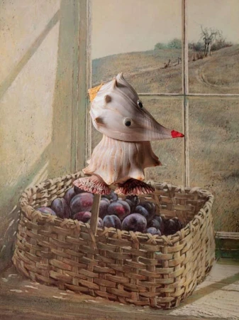 Still life art features a woven basket full of plums with a whimsical shell sculpture on top, set against a window and pastoral background.