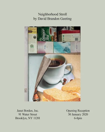 Exhibition poster featuring a cup of coffee, sandwiches, and tea boxes photographed by David Brandon Geeting