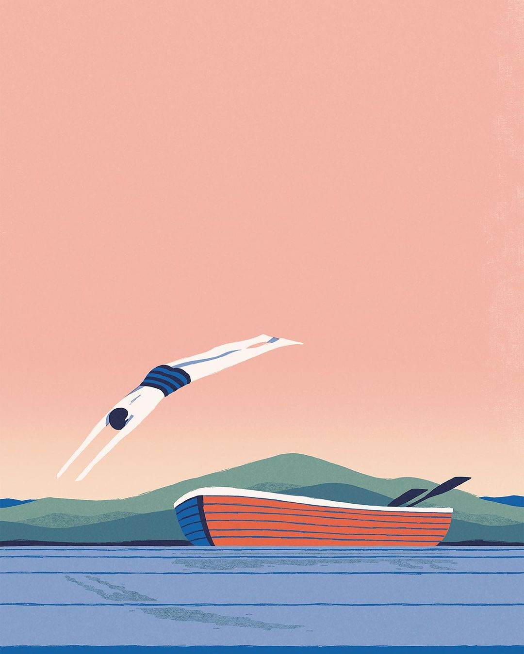 Illustration of a person diving into blue water from a orange rowboat with green hills in the background, set against a salmon pink sky.