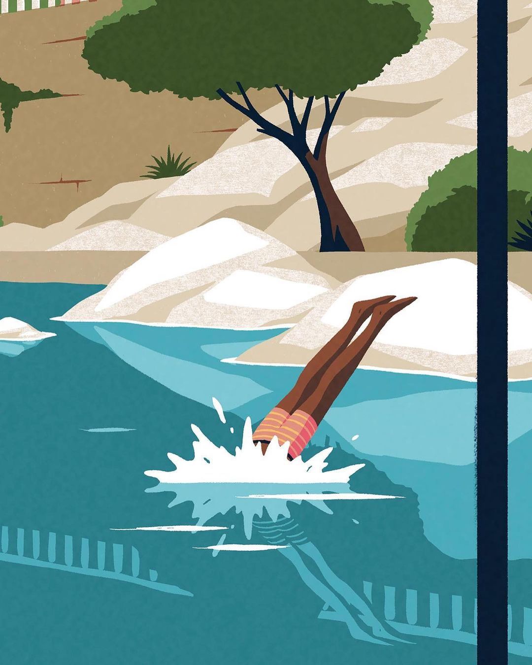 Illustration of a person diving into water, creating a splash; water reflects the person; trees and sandy area in background.