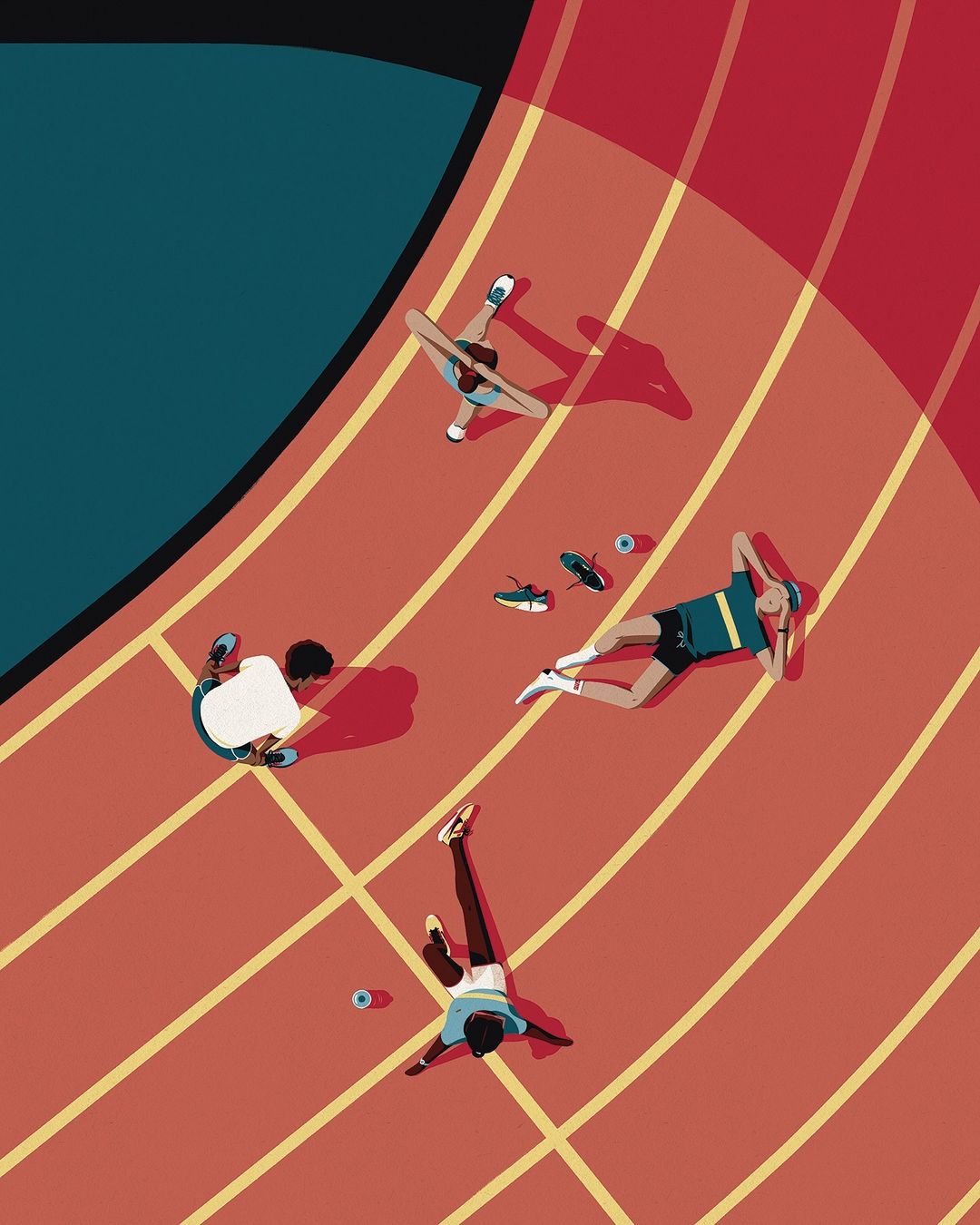 Illustration of four runners resting on a red track, captured from an overhead view, with visible running shoes and blue accents.