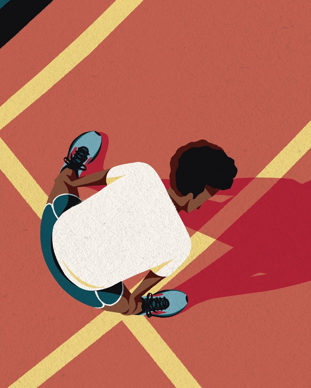 Illustration of a woman stretching on a court in athletic wear with an overhead perspective. Colorful graphic art style.