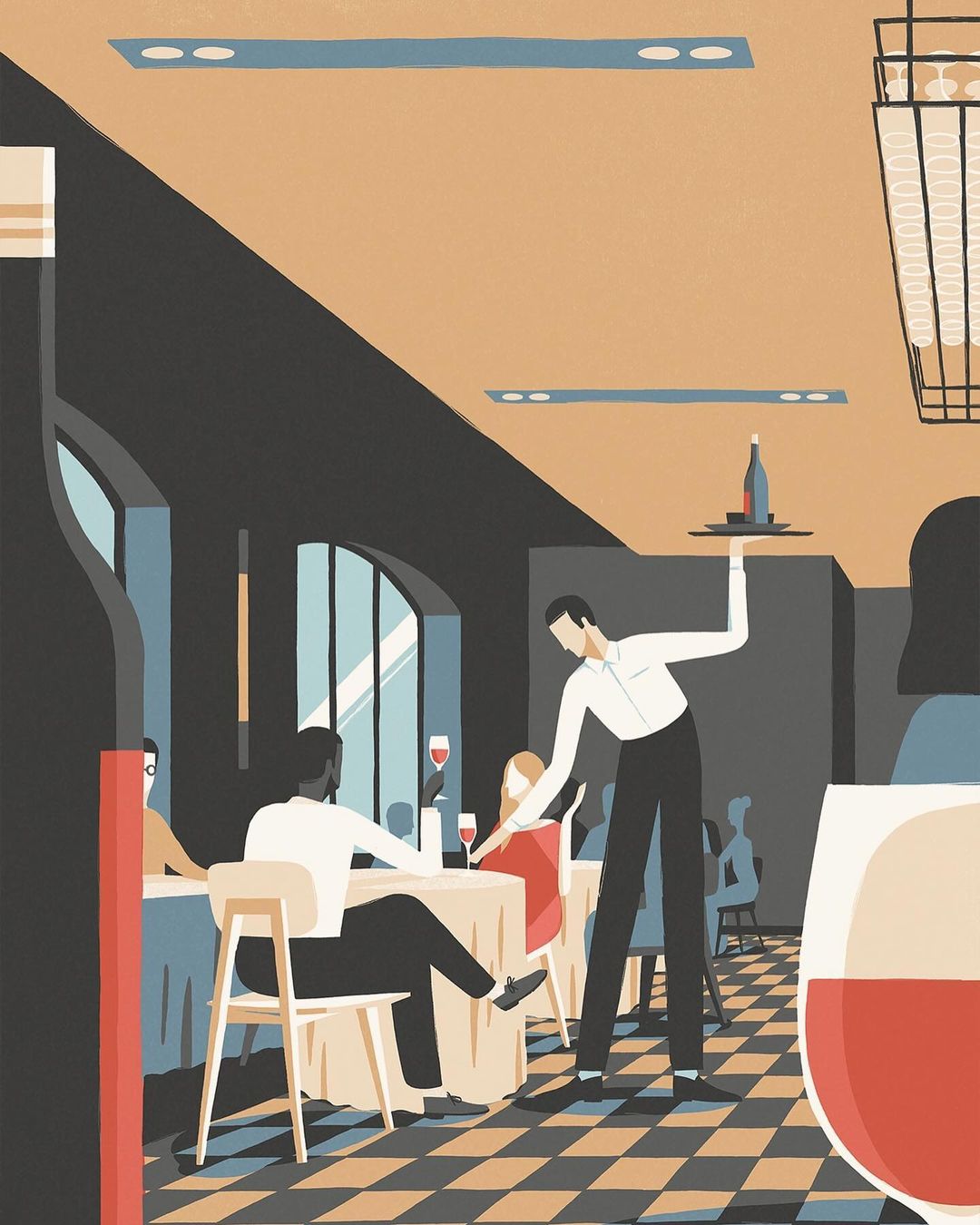 Illustration of a waiter serving wine to restaurant patrons at tables with a checkerboard floor, neutral walls, and soft lighting.