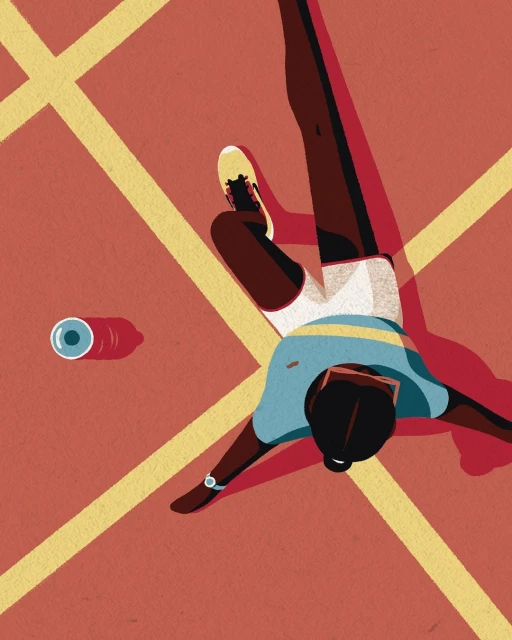 Illustration of a dark-skinned athlete in motion on a terracotta surface with yellow lines, seen from an overhead perspective.