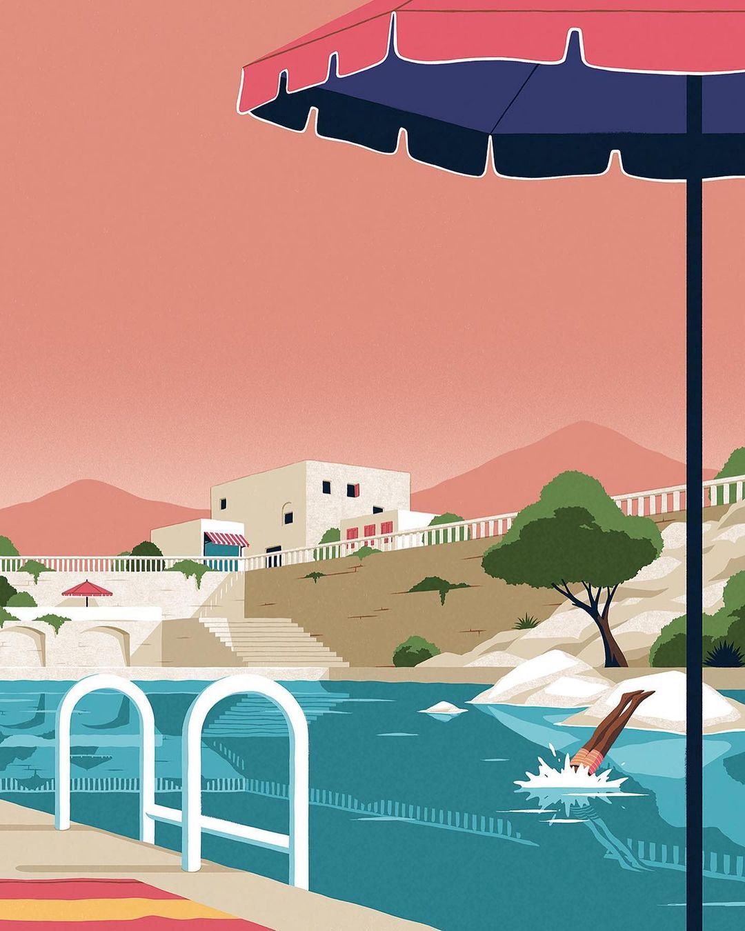 Illustration of a swimmer diving into a pool next to an umbrella and building against a peach sky and mountain background.
