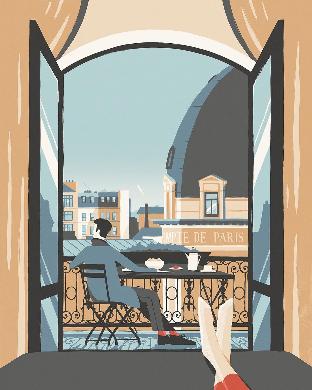 Illustration of a man sitting on a balcony overlooking Paris with another person's legs visible in the foreground.