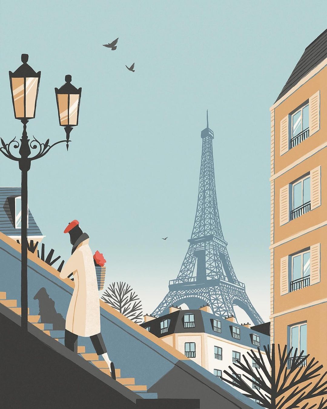 Illustration of a person walking up steps toward the Eiffel Tower in Paris, featuring vintage streetlamps and classic architecture.