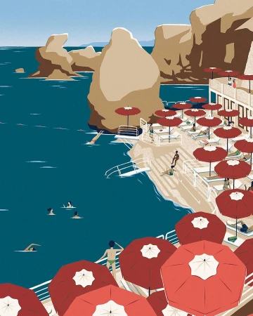 Illustration of people swimming and sunbathing at a coastal resort with red umbrellas, set against rocky cliffs and blue sea.