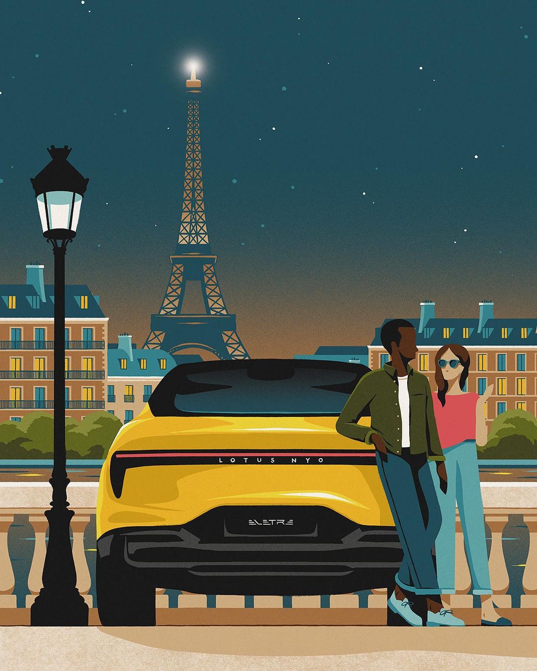 Illustrated scene: Eiffel Tower backdrop, yellow Lotus Eletre, and an adult couple in casual attire enjoying a night in Paris.
