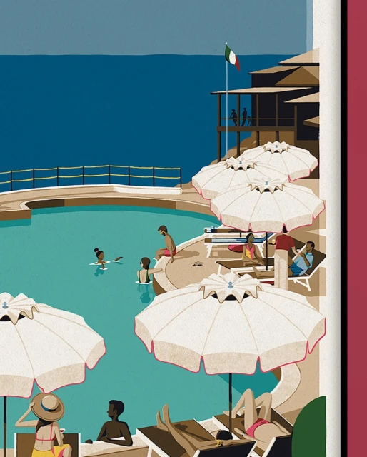 Illustration of people relaxing by a turquoise pool surrounded by white umbrellas, lounge chairs and an Italian flag overlooking the ocean.