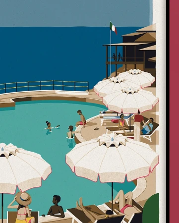 Illustration of people relaxing by a turquoise pool surrounded by white umbrellas, lounge chairs and an Italian flag overlooking the ocean.