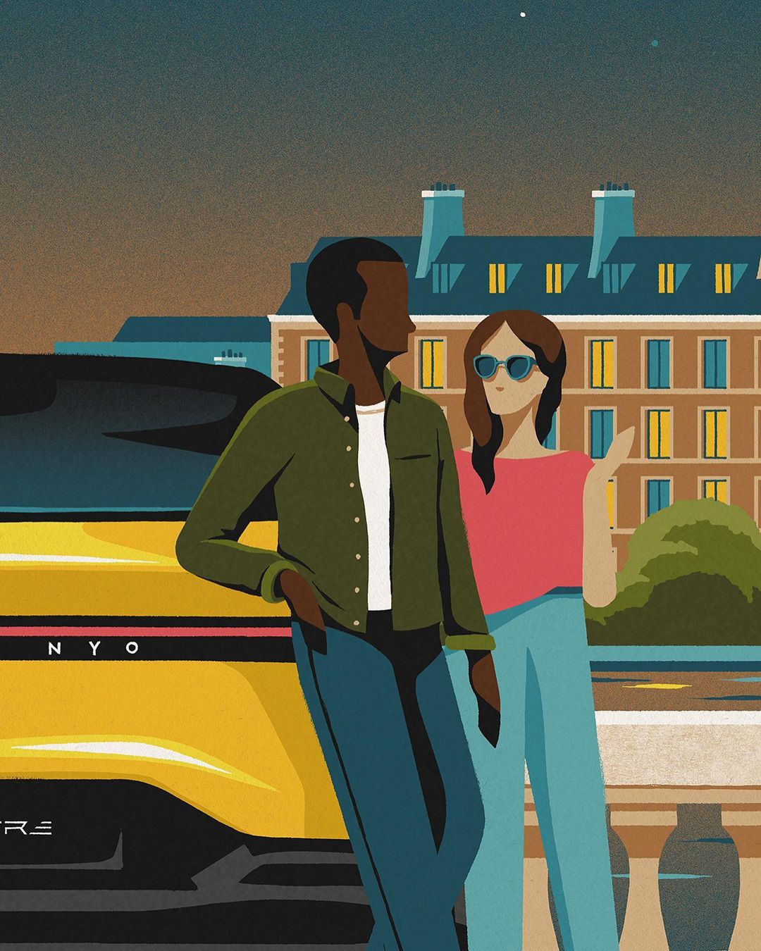 Illustration of a couple standing next to a yellow car in front of city buildings under a dark sky with a star, created digitally.