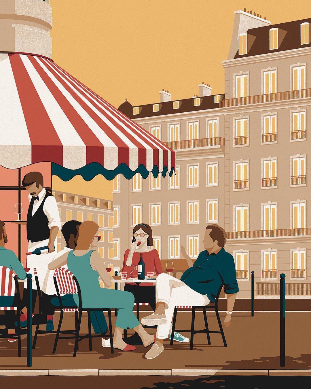 Illustration of people at an outdoor cafe with red and white striped awning, tables and chairs. City building in the background.