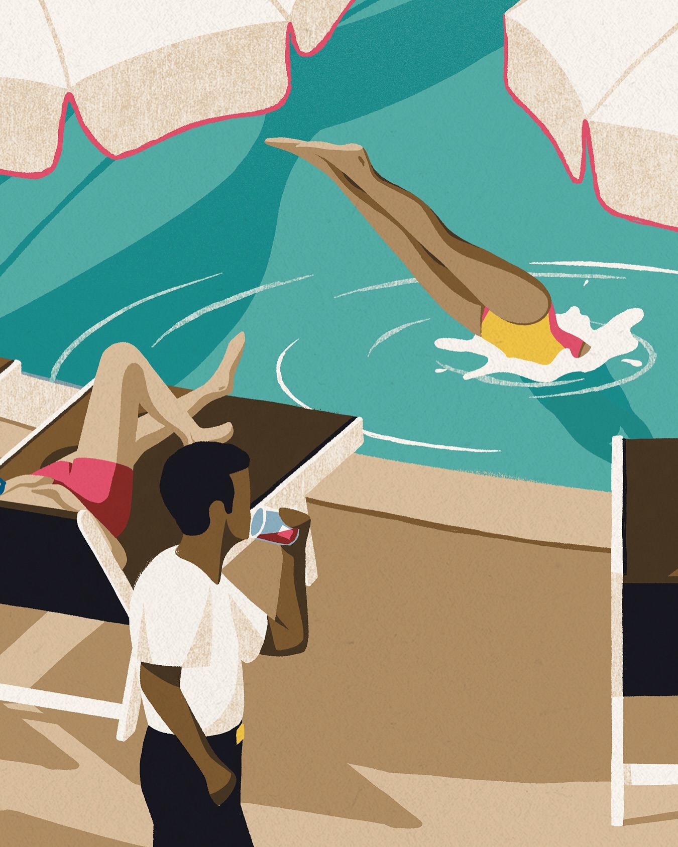 Illustration of three figures enjoying leisure time by a pool, including one diving, another relaxing on a lounge chair, and a man drinking.