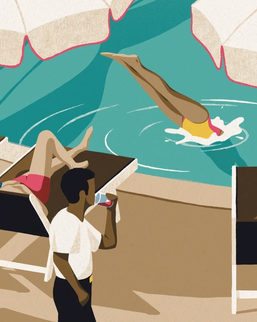 Illustration of three figures enjoying leisure time by a pool, including one diving, another relaxing on a lounge chair, and a man drinking.