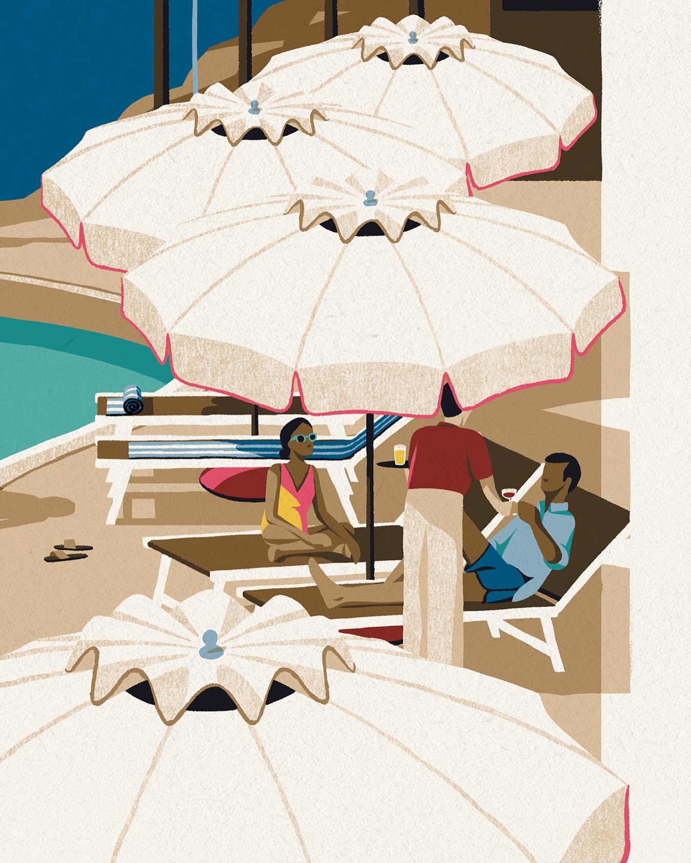 Illustration of people relaxing by a pool under umbrellas. Sunbathers are on lounge chairs; a server brings drinks in a warm, stylized scene.
