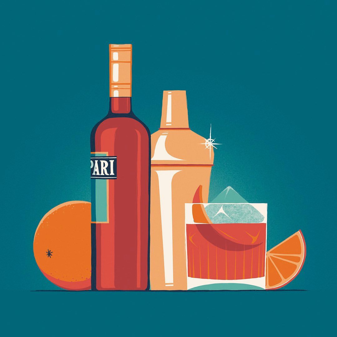 Illustration of a Campari bottle, orange fruit, cocktail shaker, and a Negroni cocktail on a teal background in a retro style.